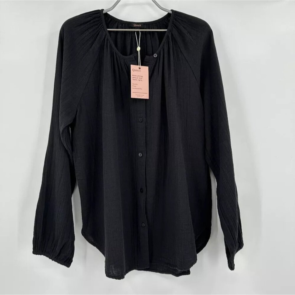 Quince Black Organic Cotton Gauze Peasant Blouse sz S Small NWT Boho Top Shirt